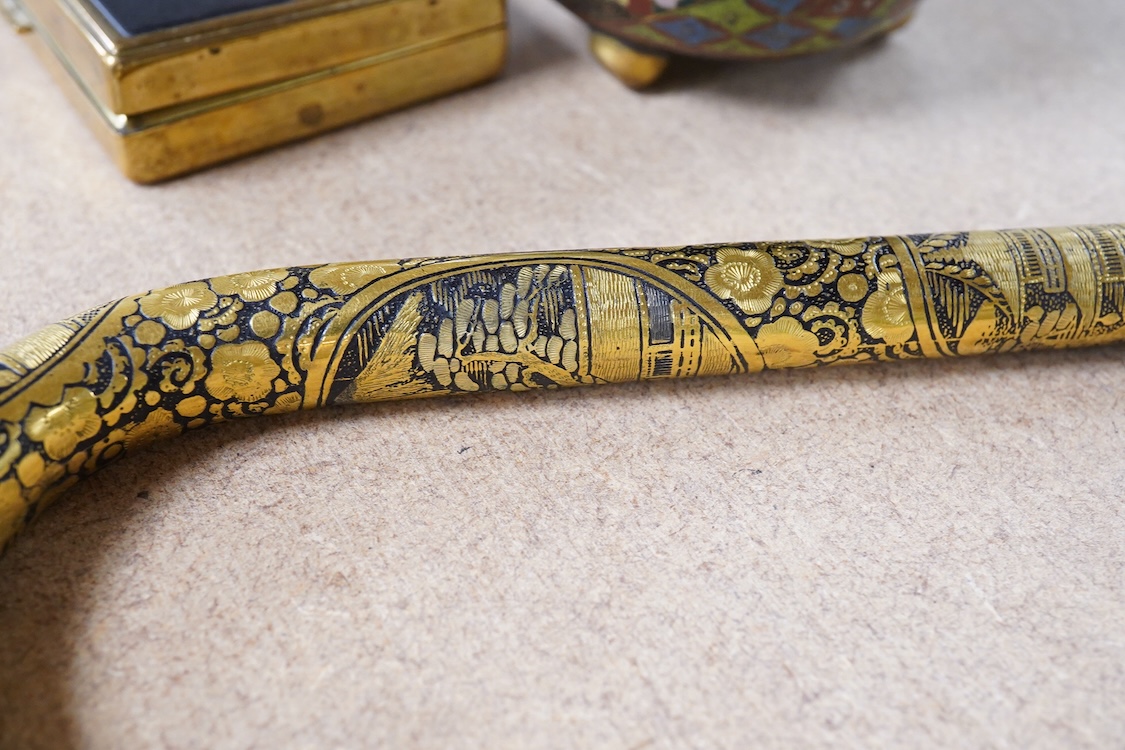 A Japanese damascened iron parasol handle, a cloisonné enamel koro and Komai style mirrored musical compact, largest 24cm in length